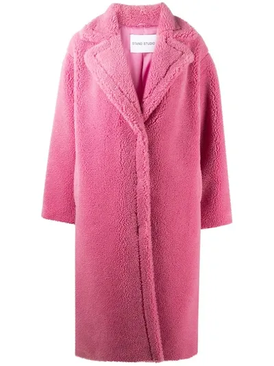 Stand Studio Oversized Faux Shearling Coat In Pink