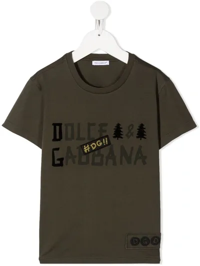 Dolce & Gabbana Kids' Printed Jersey T-shirt With Logo Patch In Military Green