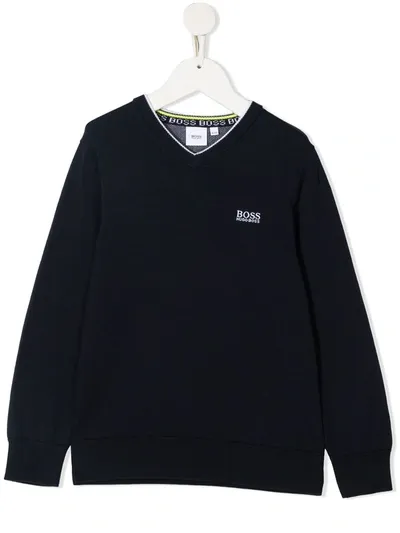 Hugo Boss Kids' V-neck Logo Print Jumper In Blue