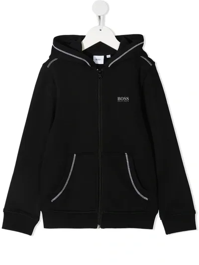 Hugo Boss Kids' Contrast-stitch Zip-up Hoodie In Black