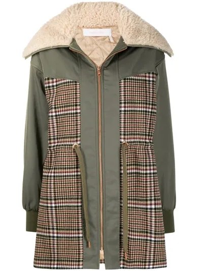 See By Chloé Checked Panel Shearling Parka In Green