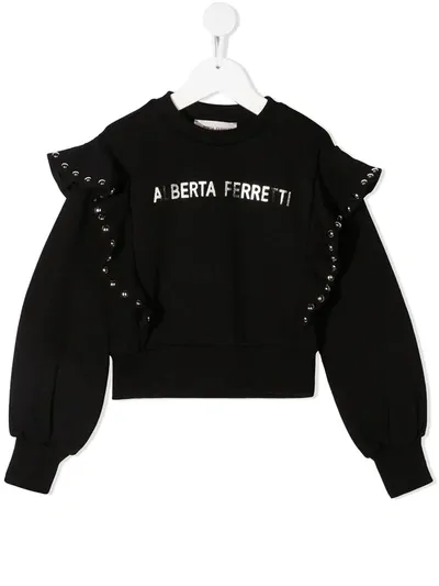 Alberta Ferretti Kids' Ruffled Shoulder Cotton Sweatshirt In Black