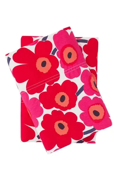 Marimekko Mini Unikko 200 Thread Count Dark Red Pillowcases In Open Dark