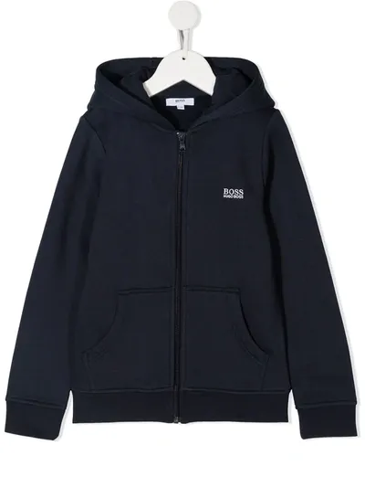 Hugo Boss Kids' Zipped Logo-embroidered Hoodie In Blue