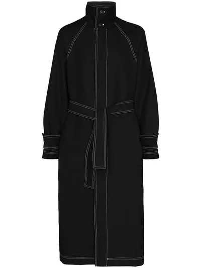 Sunnei Contrast Stitching Long Belted Coat In Black