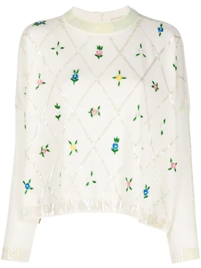 Semicouture Beaded Flower Rib-trimmed Jumper In White