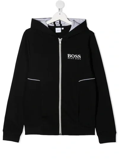 Hugo Boss Teen Logo-print Zipped Hoodie In Black