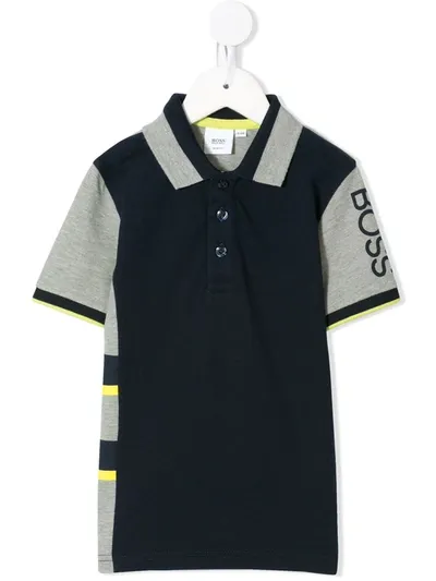 Hugo Boss Kids' Logo Print Colour-block Polo Shirt In Blue