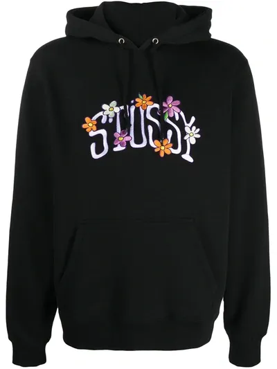 Stussy Floral Logo-embroidered Hoodie In Black