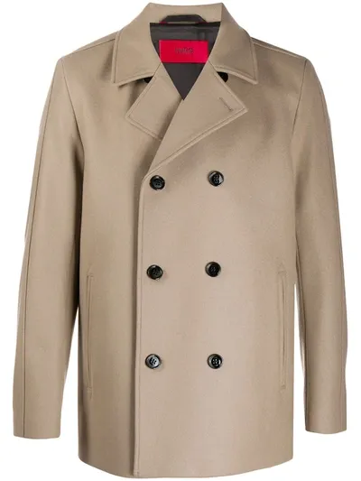 Hugo Double-breasted Wool Coat In Neutrals