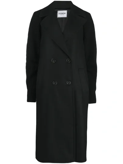 Iceberg Ribbed-panel Double-breasted Coat In Black