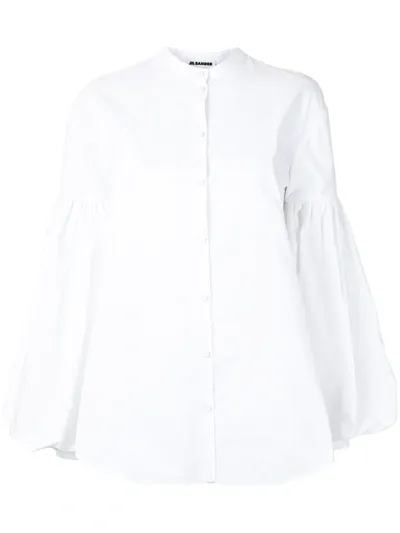 Jil Sander Collarless Puff-sleeve Shirt In White