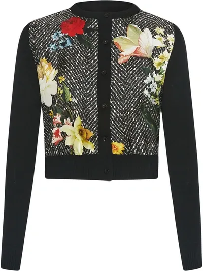 Oscar De La Renta Chevron Pattern Floral Cardigan In Black