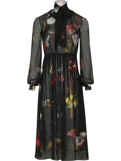 Oscar De La Renta Pussy-bow Fruit Pattern Dress In Black