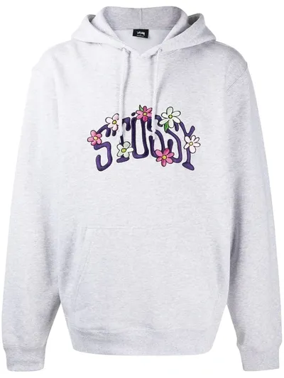 Stussy Collegiate Floral Logo-embroidered Hoodie In Grey