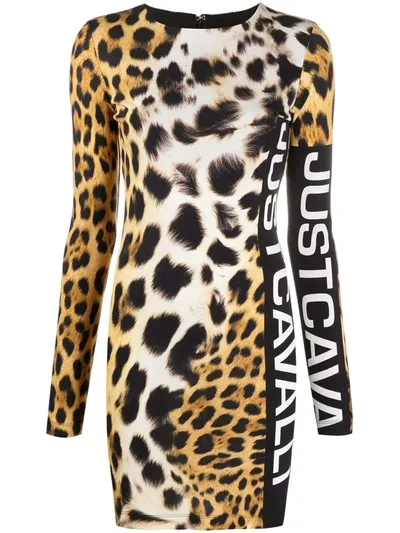 Just Cavalli Leopard-print Logo Mini-dress In Brown