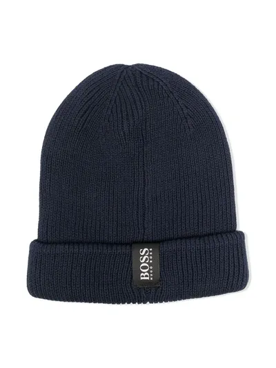 Hugo Boss Kids' Ribbed-knit Logo-patch Beanie In Blue