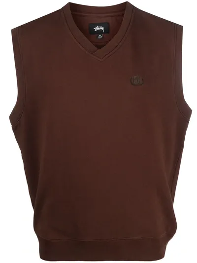 Stussy Embroidered-logo Knit Vest In Brown