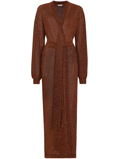 Oseree Lumière Belted Stretch-lurex Robe In Brown