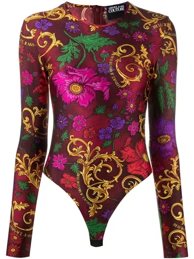 Versace Jeans Couture Barocco Floral-print Long Sleeved Bodysuit In Red