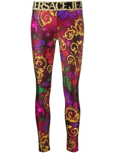 Versace Jeans Couture Mid-rise Barocco Print Leggings In Red