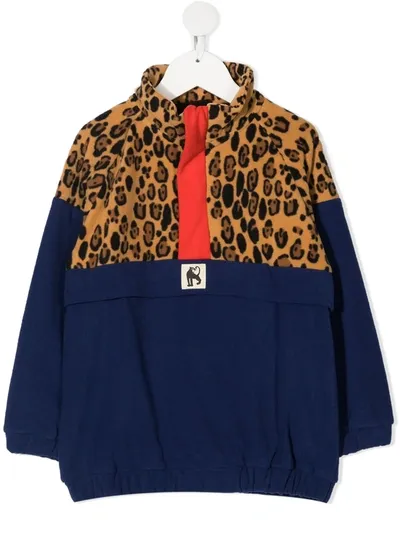 Mini Rodini Kids' Leopard-print Panelled Half-zip Jumper In Blue