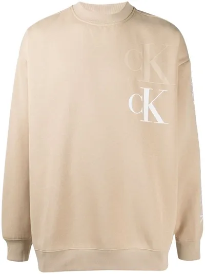 Calvin Klein Jeans Est.1978 Logo-print Crew-neck Sweatshirt In Neutrals