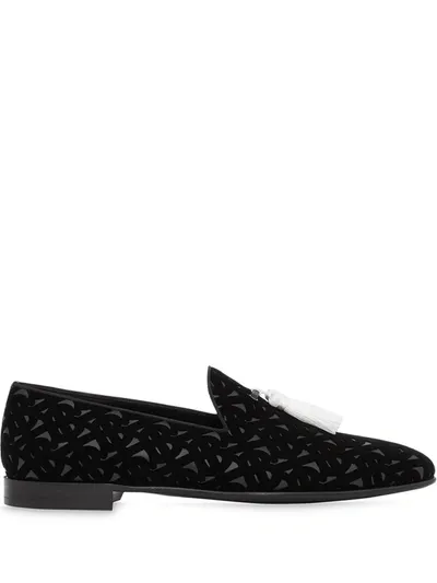 Burberry Contrast Tassel Monogram Flocked Loafers In Black