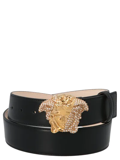 Versace Black La Medusa Crystal Leather Belt