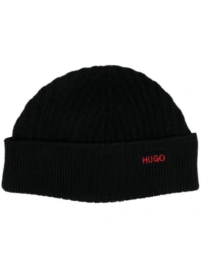 Hugo Boss Ribbed Wool Beanie Hat In Black