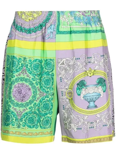 Versace Men's Barocco Patchwork Silk Shorts In Light Purple