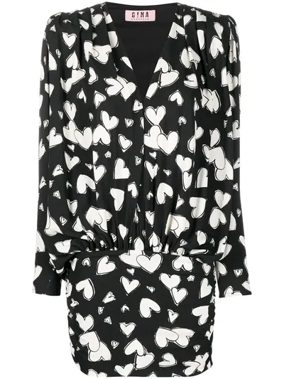 Gina Heart-print Draped Drop-waist Dress In Black