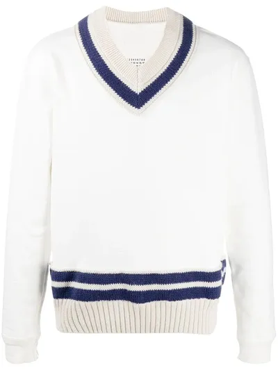 Maison Margiela Knitted Panel V-neck Sweatshirt In White