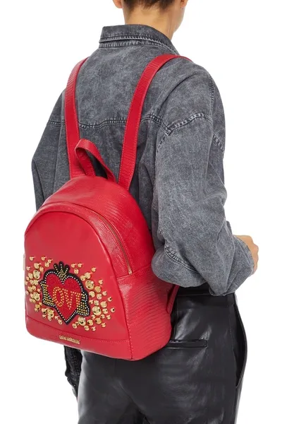 Love Moschino Embellished Smooth And Lizard-effect Faux Leather Backpack In Red