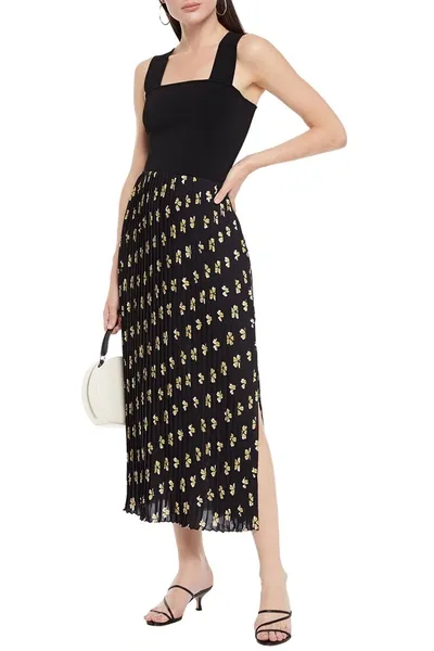 Oscar De La Renta Pleated Printed Silk-cady Midi Skirt In Black