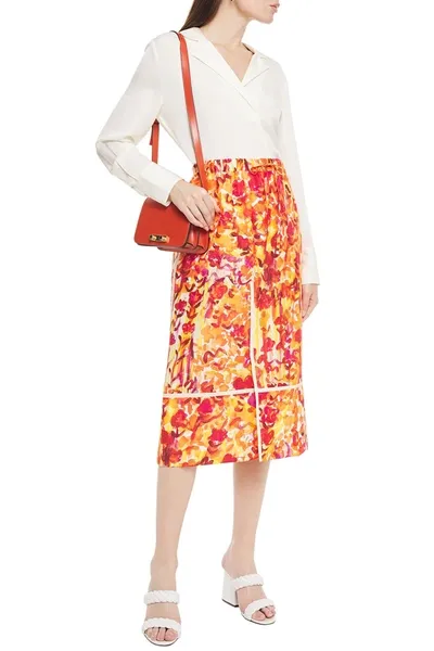 Marni Floral-print Silk-habotai Midi Skirt In Orange