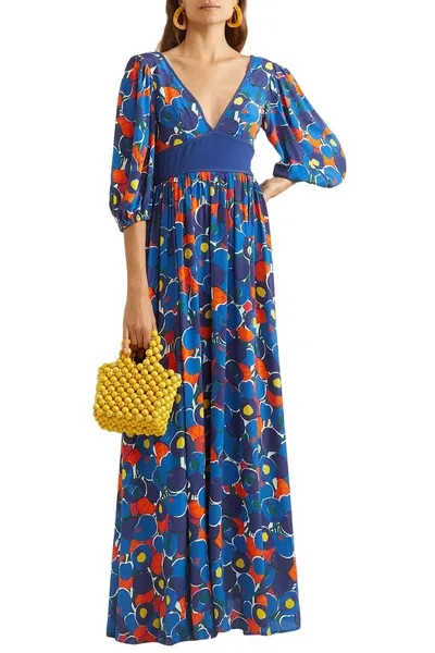 Staud Affogato Printed Crepe De Chine Maxi Dress In Blue