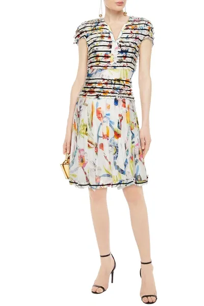 Giorgio Armani Grosgrain-trimmed Ruffled Floral-print Silk Dress In Multi