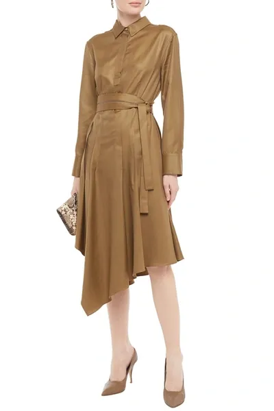 Brunello Cucinelli Asymmetric Pleated Cotton-blend Twill Shirt Dress In Brown