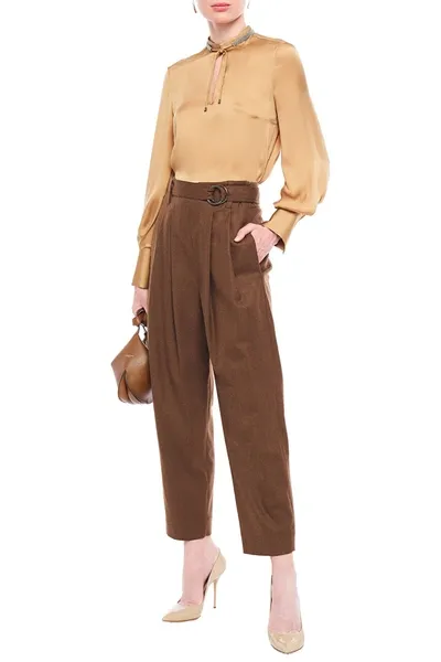 Brunello Cucinelli Bead-embellished Belted Wool-blend Tapered Pants In Brown