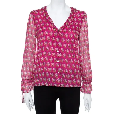 Pre-owned Diane Von Furstenberg Bright Pink Silk Floral Print Kirsty Blouse Xs