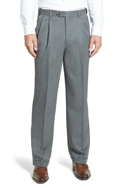 Berle Self Sizer Waist Pleated Classic Fit Wool Gabardine Dress Pants In Medium Grey