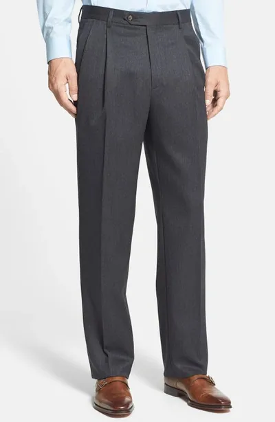 Berle Pleated Classic Fit Wool Gabardine Dress Pants In Charcoal