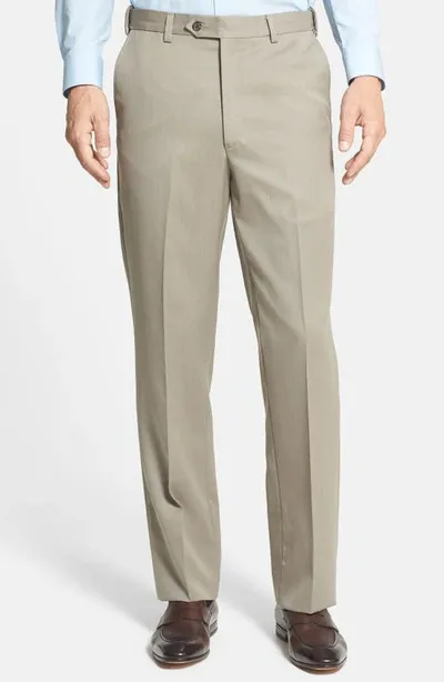 Berle Self Sizer Waist Flat Front Classic Fit Wool Gabardine Trousers In Tan