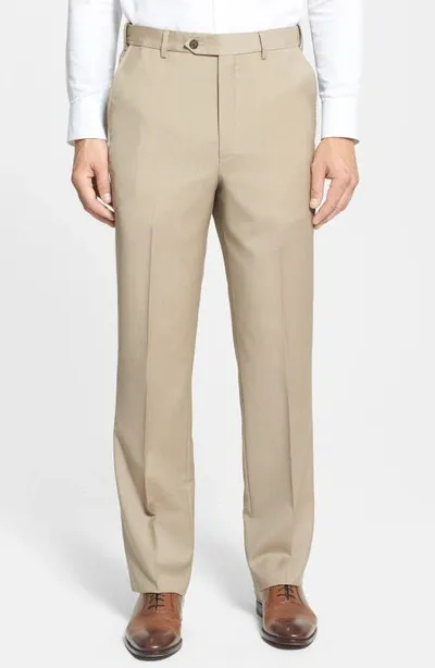 Berle Self Sizer Waist Flat Front Lightweight Plain Weave Classic Fit Trousers In Tan