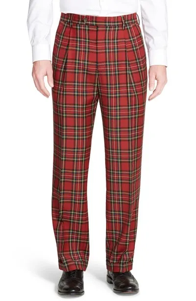 Berle Touch Finish Pleated Classic Fit Plaid Wool Trousers In Red