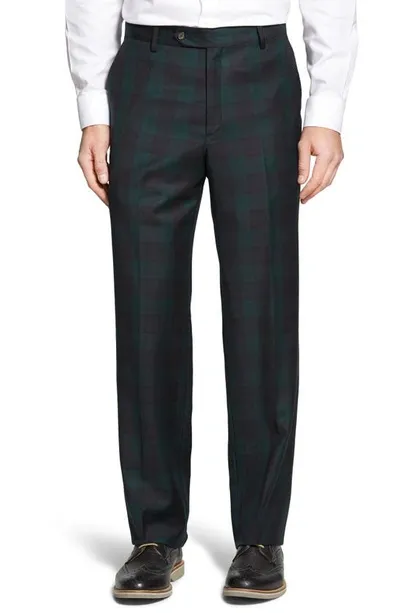 Berle Touch Finish Flat Front Classic Fit Plaid Wool Trousers In Green