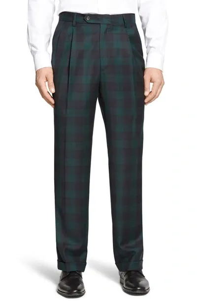 Berle Touch Finish Pleated Classic Fit Plaid Wool Trousers In Green