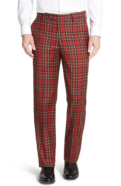 Berle Touch Finish Flat Front Classic Fit Plaid Wool Trousers In Red