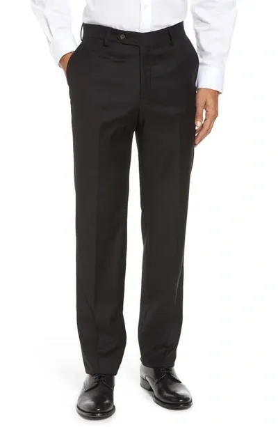 Berle Flat Front Modern Fit Gabardine Stretch Wool Trousers In Black